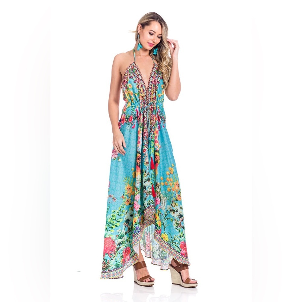 Ranees floral satin halter one size maxi dress nwt
